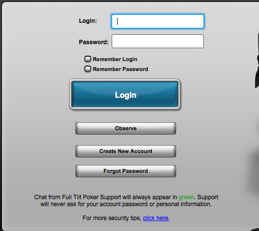 Full Tilt Poker Log In Screen